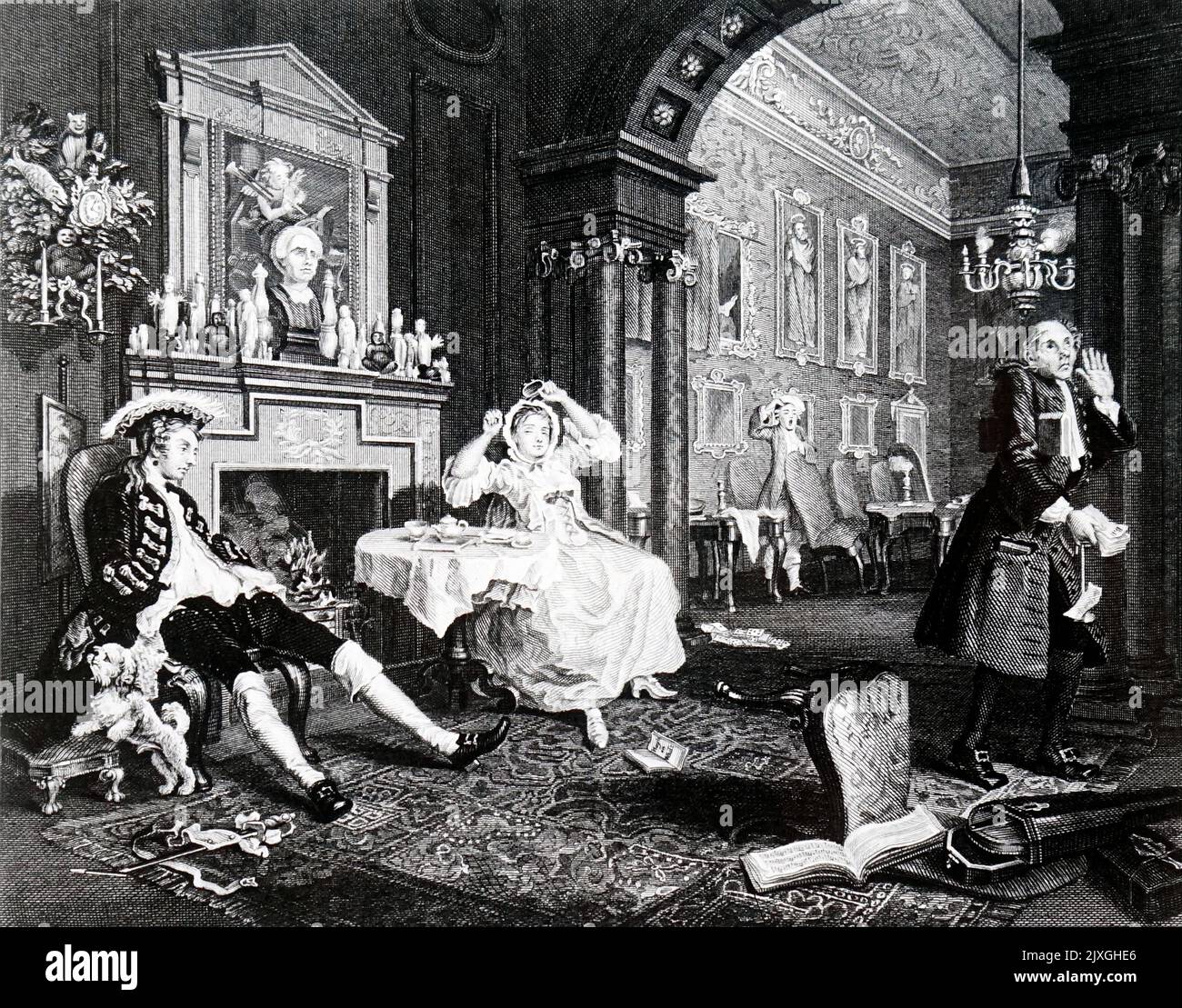 Engraving titled 'Marriage a-la-mode' depicting a breakfast scene. Dated 18th Century Stock Photo
