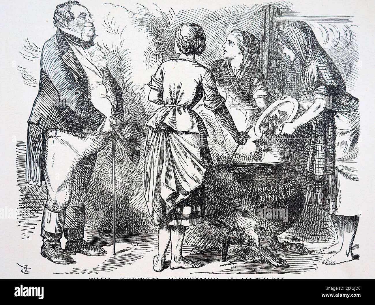 Illustration depicting women making 'working men's dinners' in a large cauldron, whilst a fat wealthy man looking on. Dated 19th Century Stock Photo