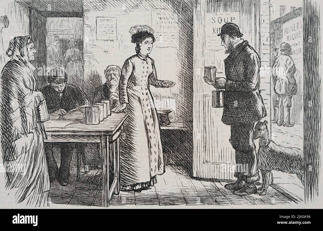 Illustration depicting a man entering a soup kitchen in London. Dated