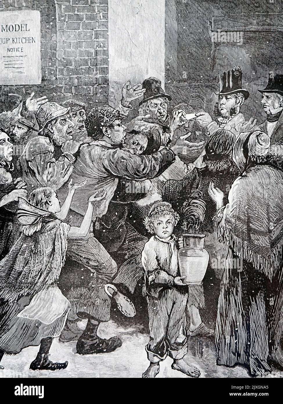Illustration depicting soup vouchers being given out to the unemployed of London. Dated 19th Century Stock Photo