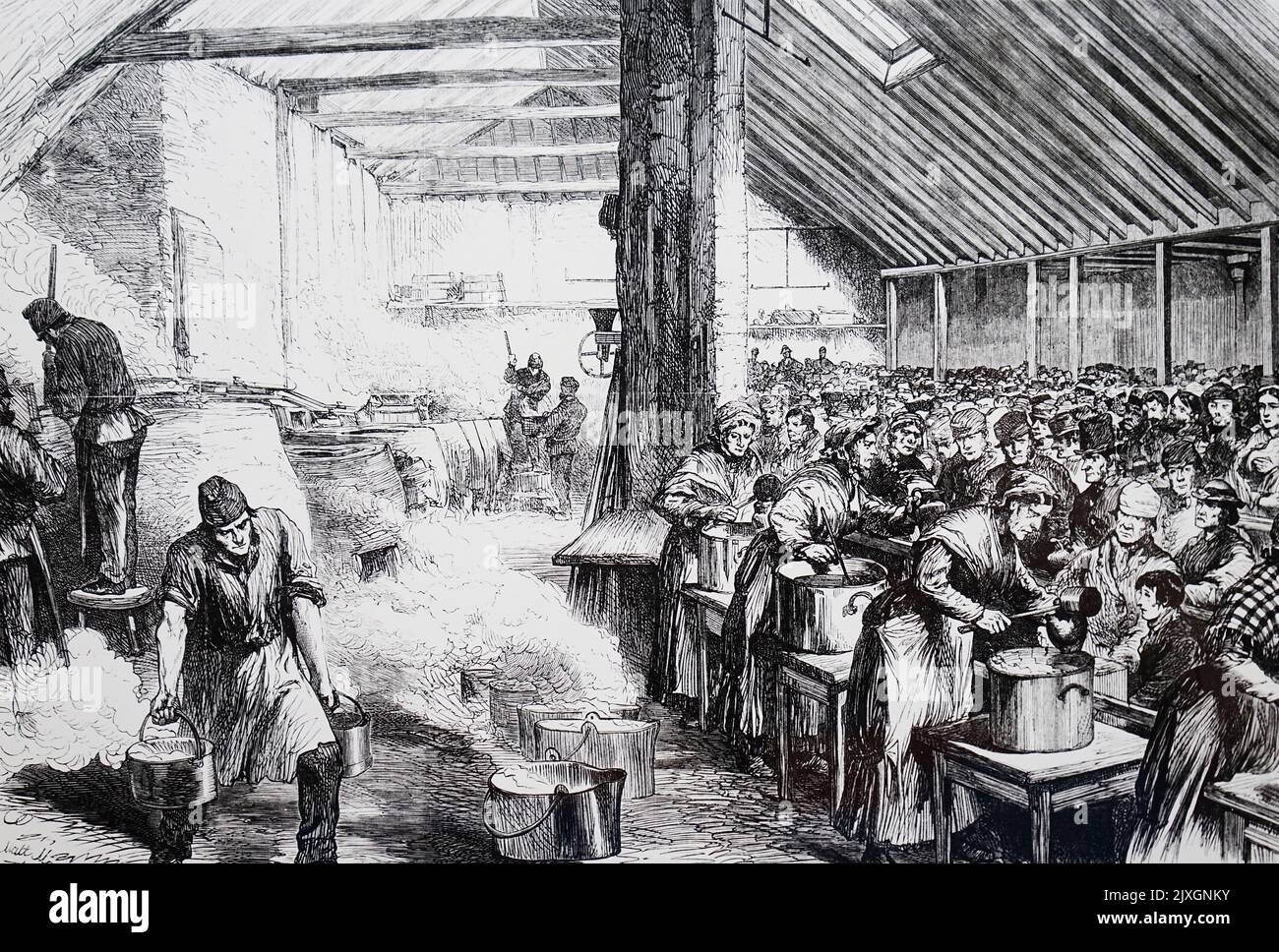Illustration depicting a soup kitchen in the East End of London. Every