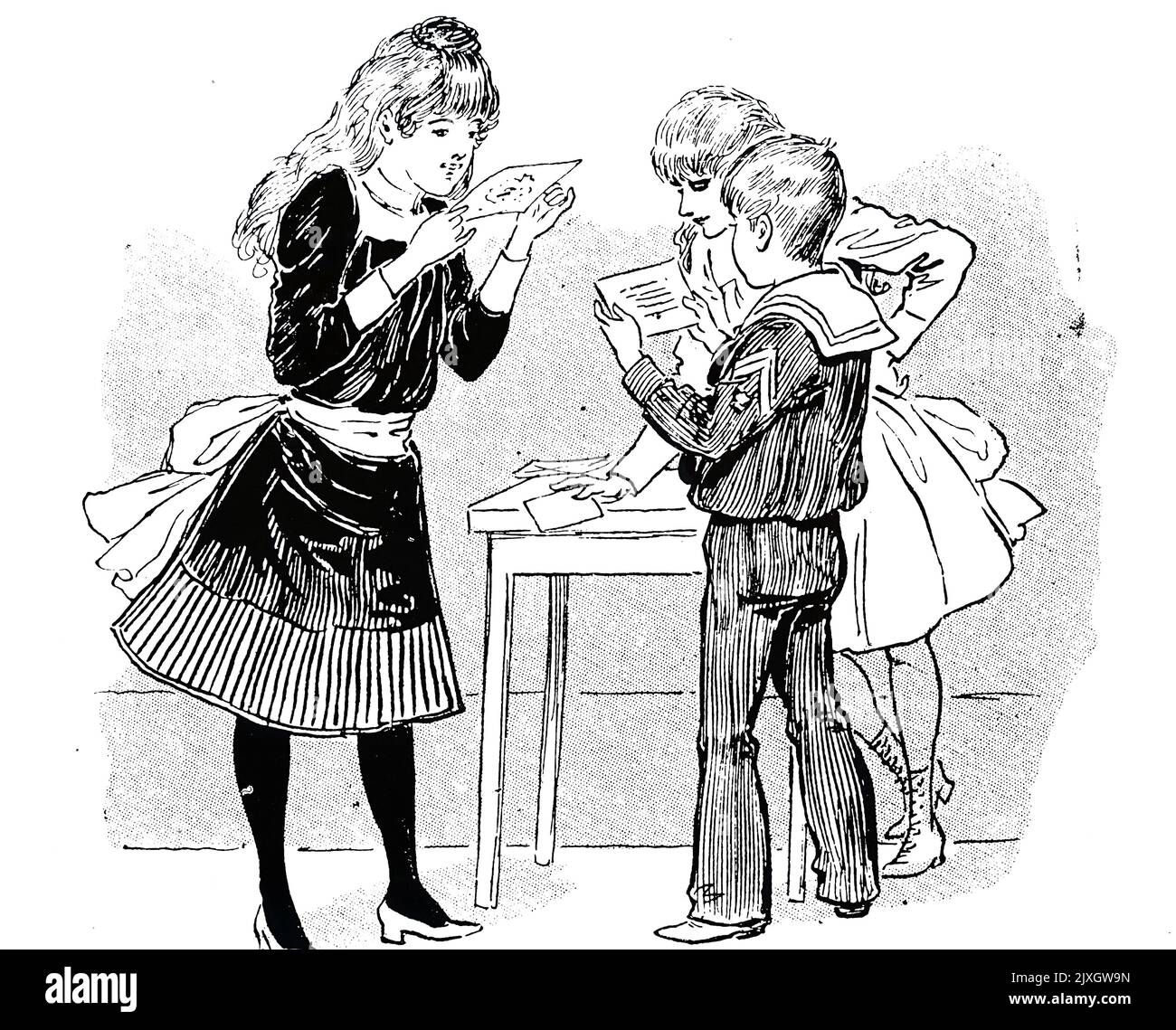 illustration-depicting-french-children-opening-their-christmas-cards-on