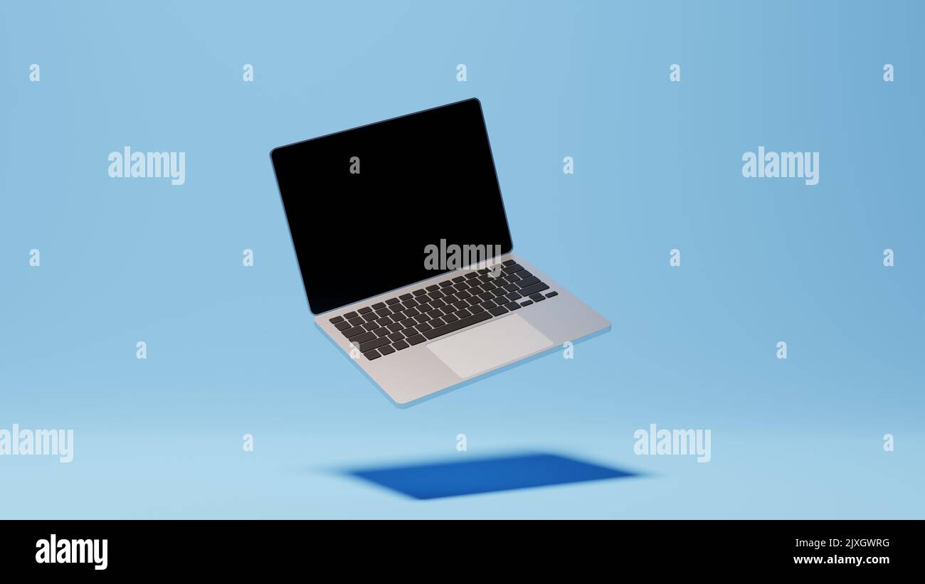 Laptop computer mockup with black empty screen, aluminum body. 3D render mock up of generic pc. Technology, communication, internet, digital. Creative Stock Photo