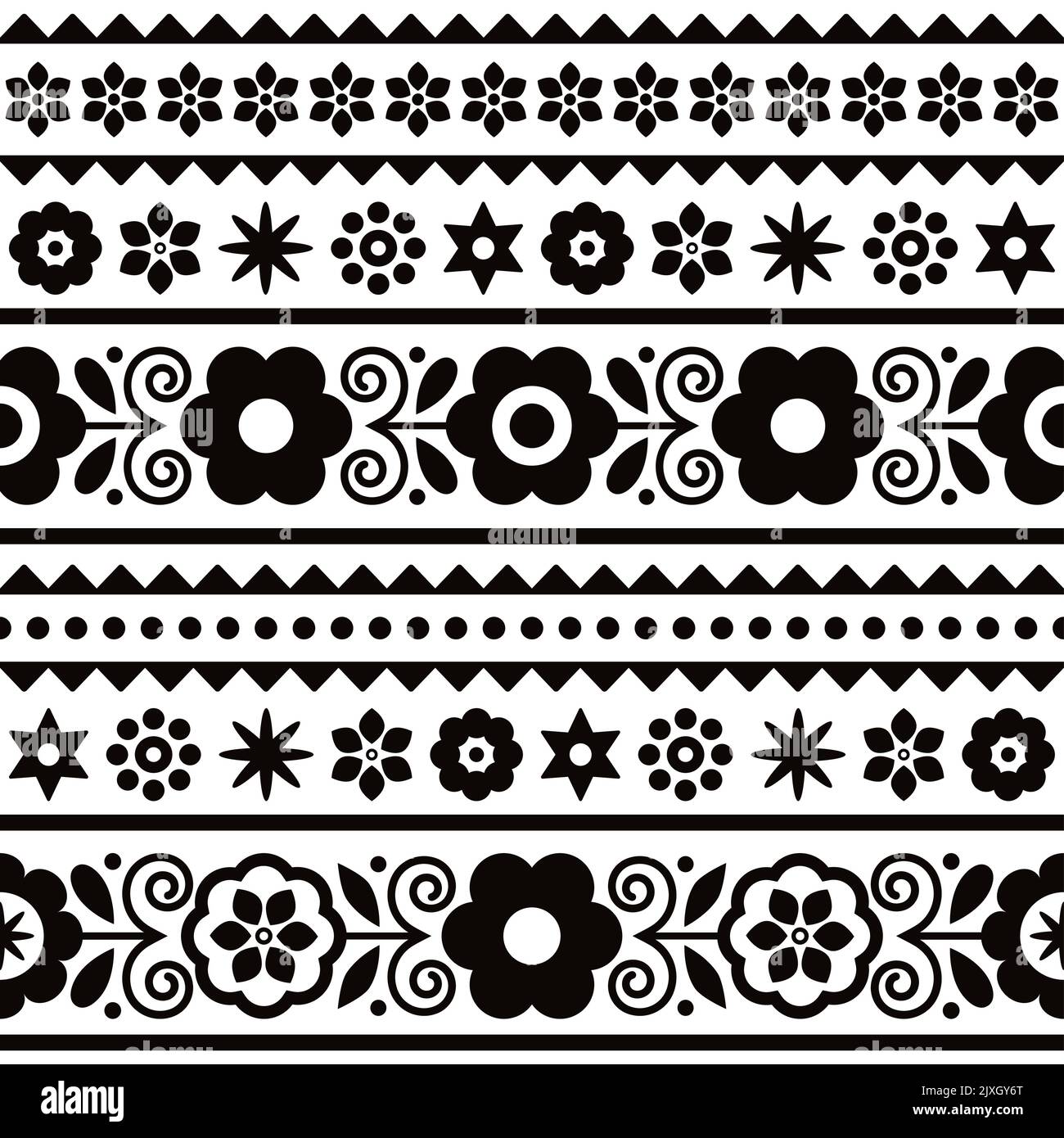 Polish traditional folk art vector seamless textile or fabric print pattern in black and white with floral motif - Lachy Sadeckie Stock Vector