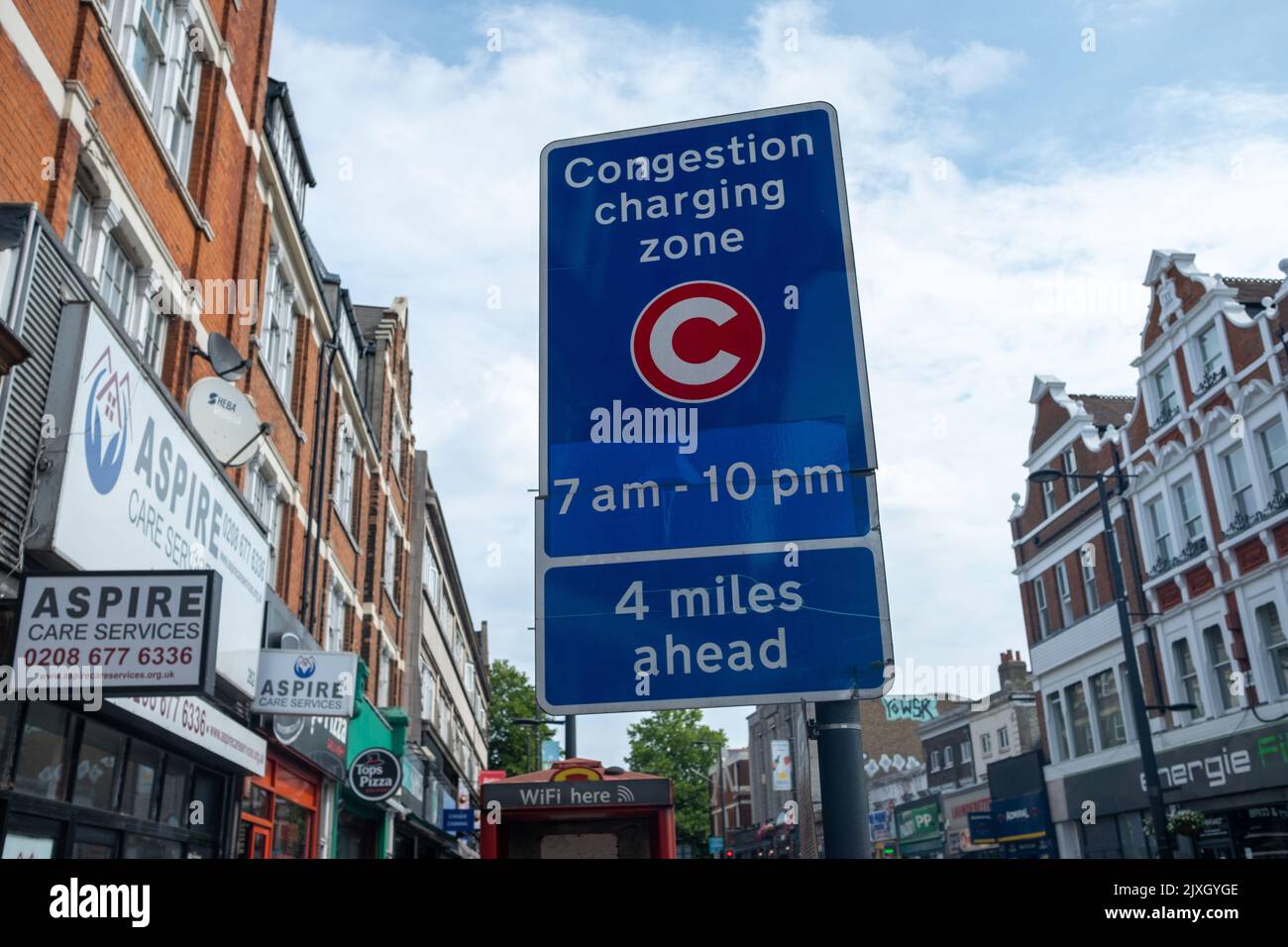 London- August 2022: Congestion Charging Zone sign on Streatham High Road in south west London Stock Photo