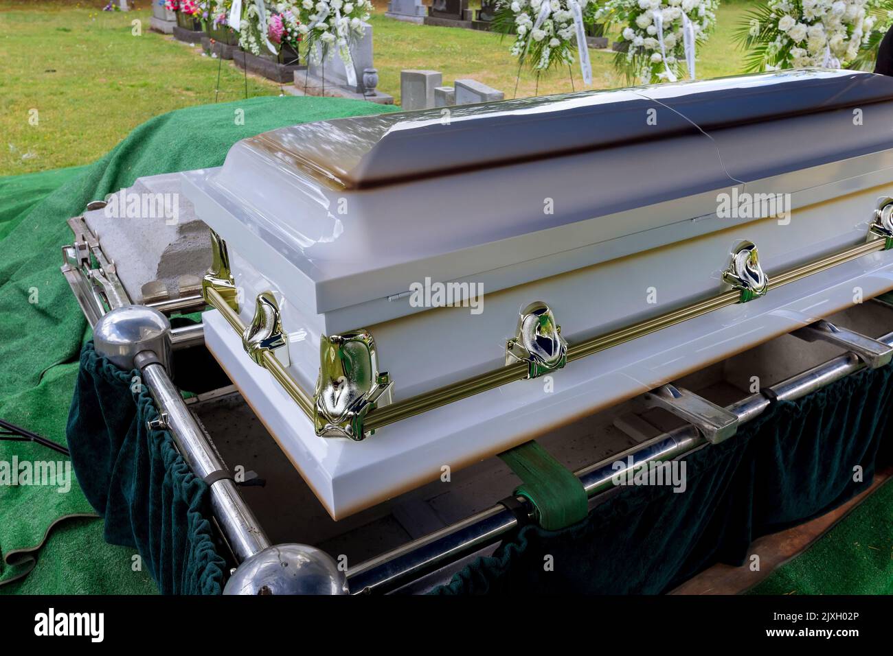 As part of the funeral service in a cemetery, the coffin is placed on