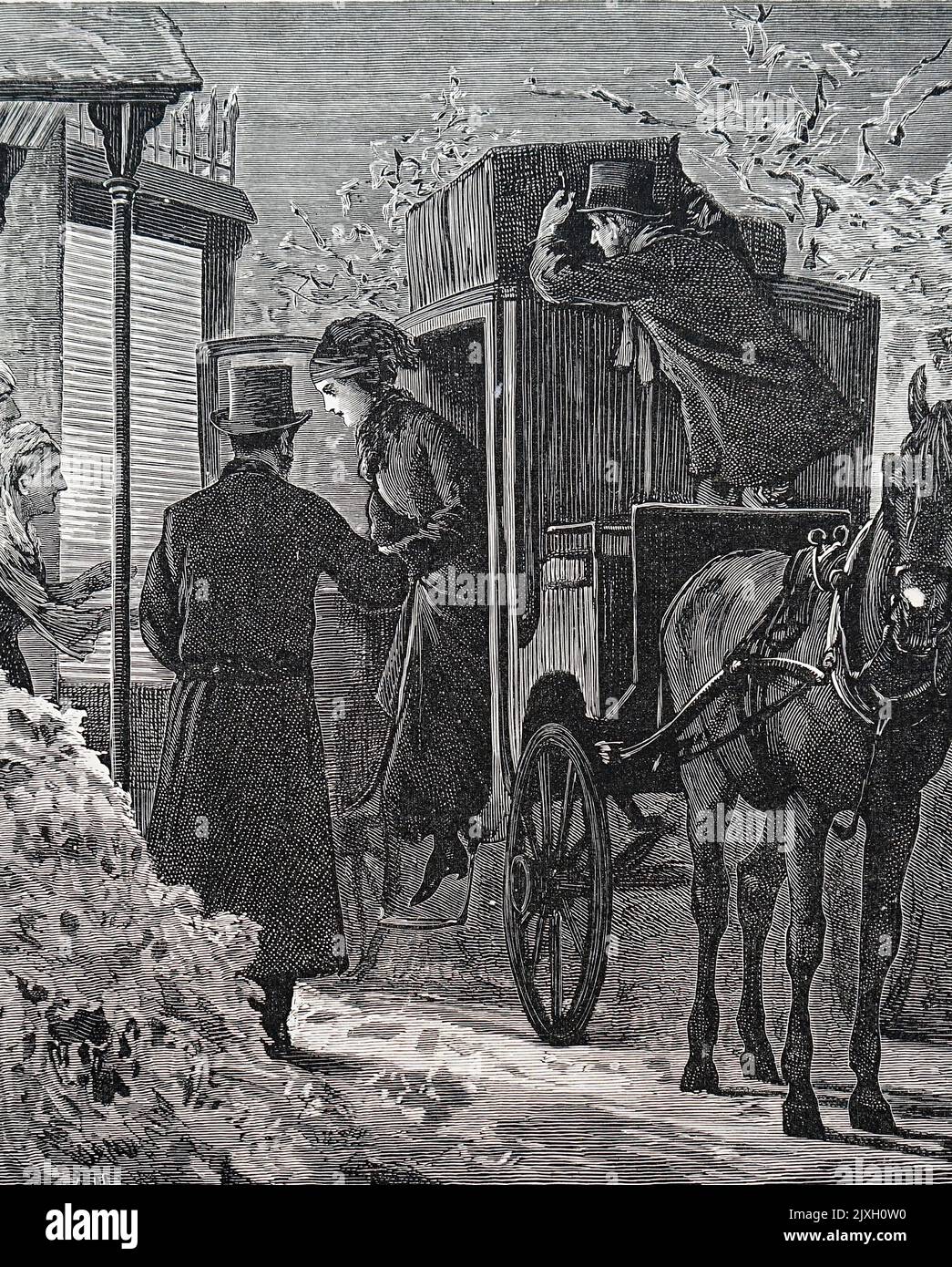Illustration depicting a woman emerging from a carriage as she visits home for Christmas. Dated 19th Century Stock Photo