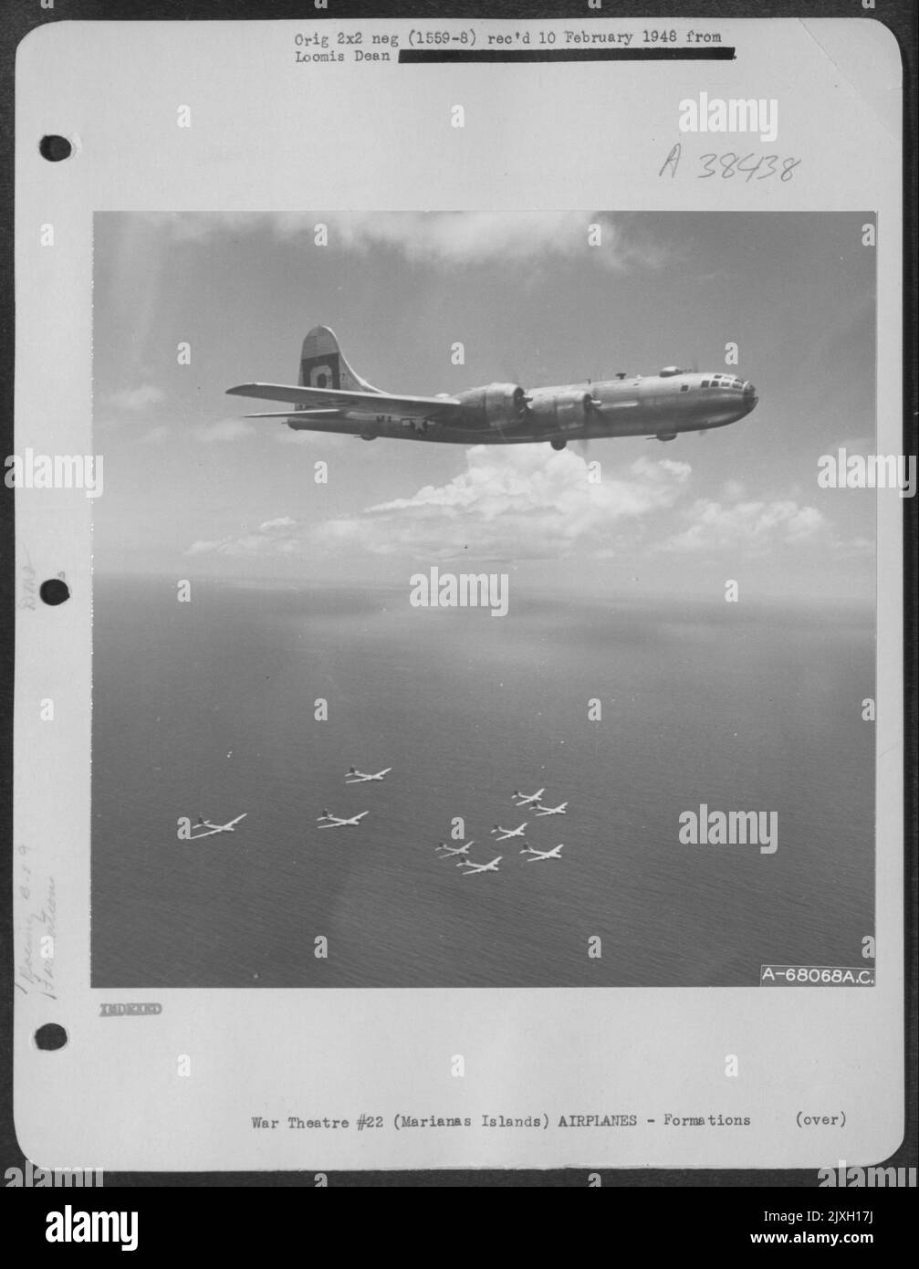 A Formation Of Marianas Islands Based Boeing B-29'S Fly High Above The Pacific. Capable Of Carrying A Larger Bomb Load Farther Than Any Other Plane In World War Ii, The 'Superfortresses'' Brought The War To The Japaneseanese Homeland. Stock Photo