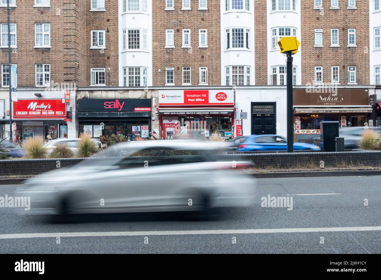 London- August 2022: Speed camera on Streatham High Road, a major high street of mixed retail in south west London Stock Photo