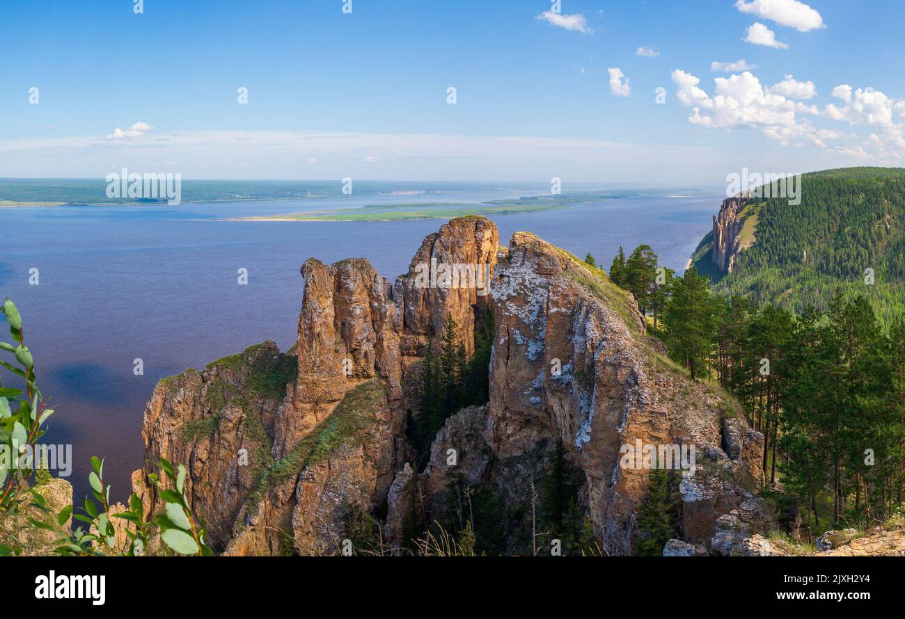 View of the Lena River in Yakutia, Russia from the top of the Lena Pillars Stock Photo