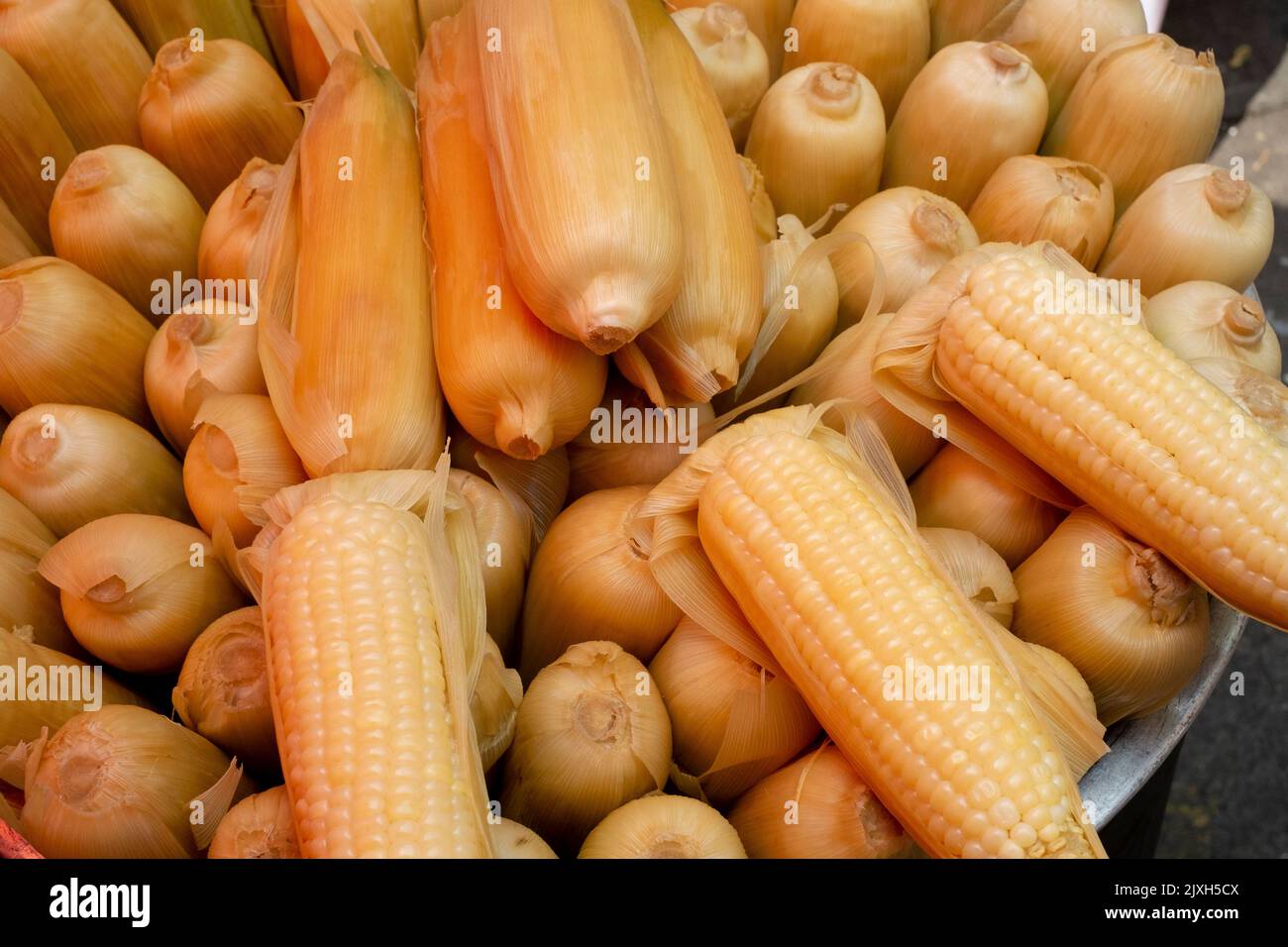 corn on the cob cooked in a metal basket Stock Photo