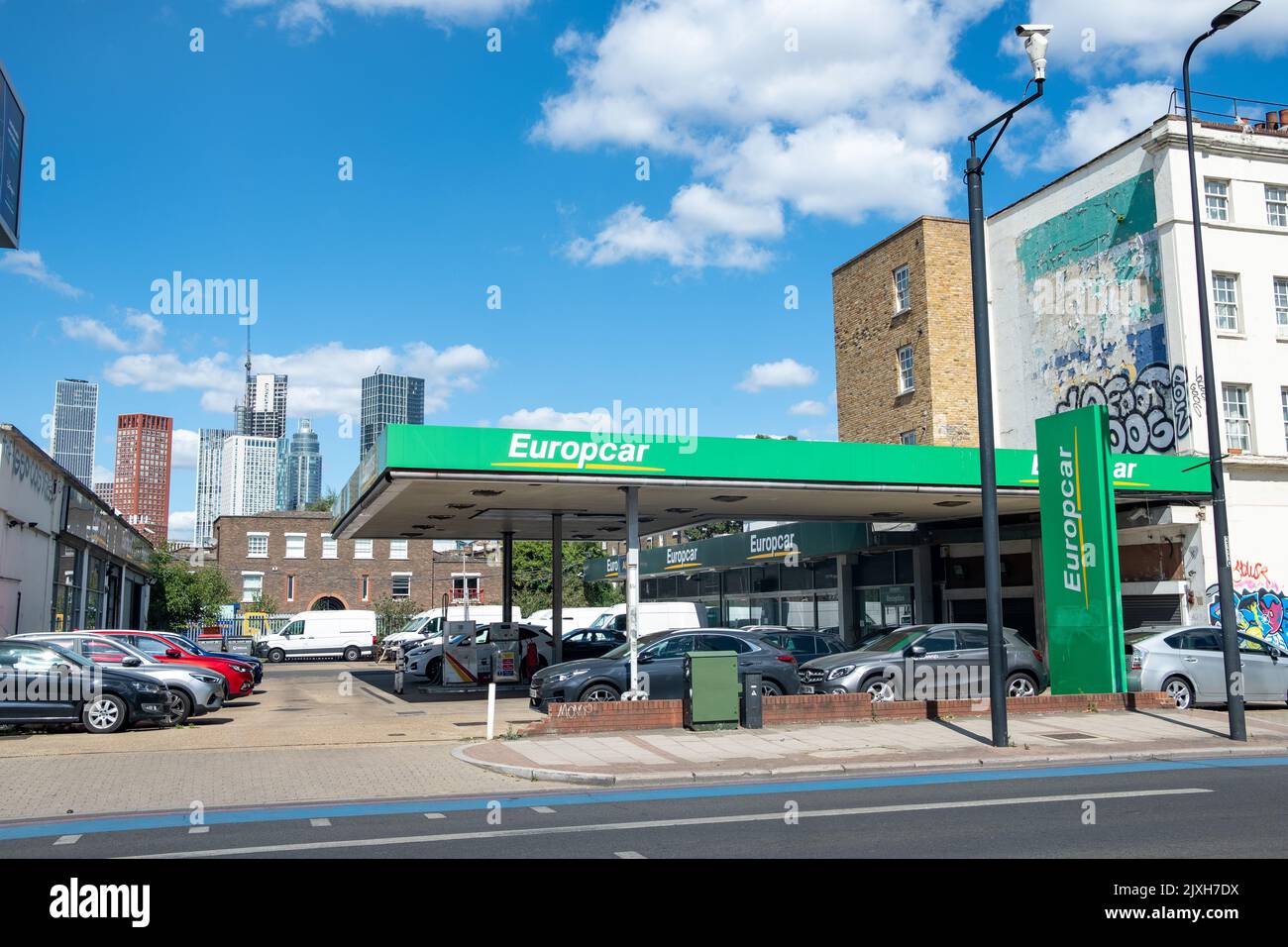 London- August 2022: Europcar vehicle rental branch in south west London. A French car rental company. Stock Photo