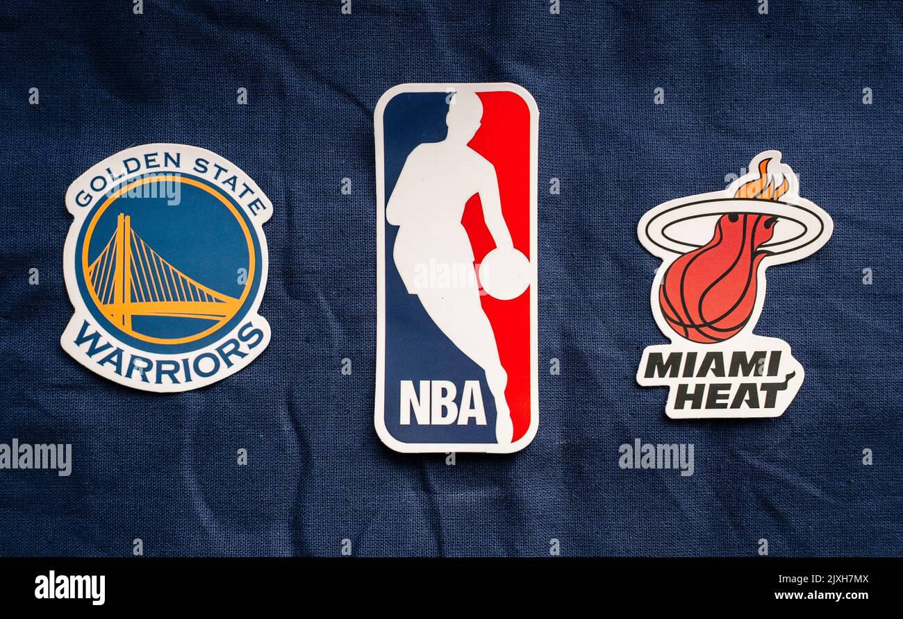 May 28, Springfield, USA. Emblems of the basketball clubs of the National Basketball Association Golden State Warriors and Miami Heat. Stock Photo