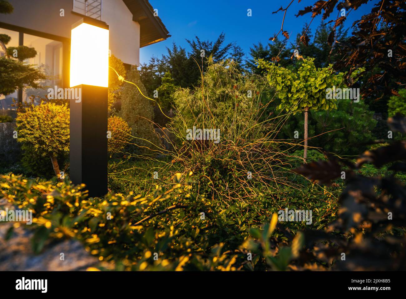 LED Post Backyard Lighting Illuminate the Elements of the Garden Surrounding Stock Photo