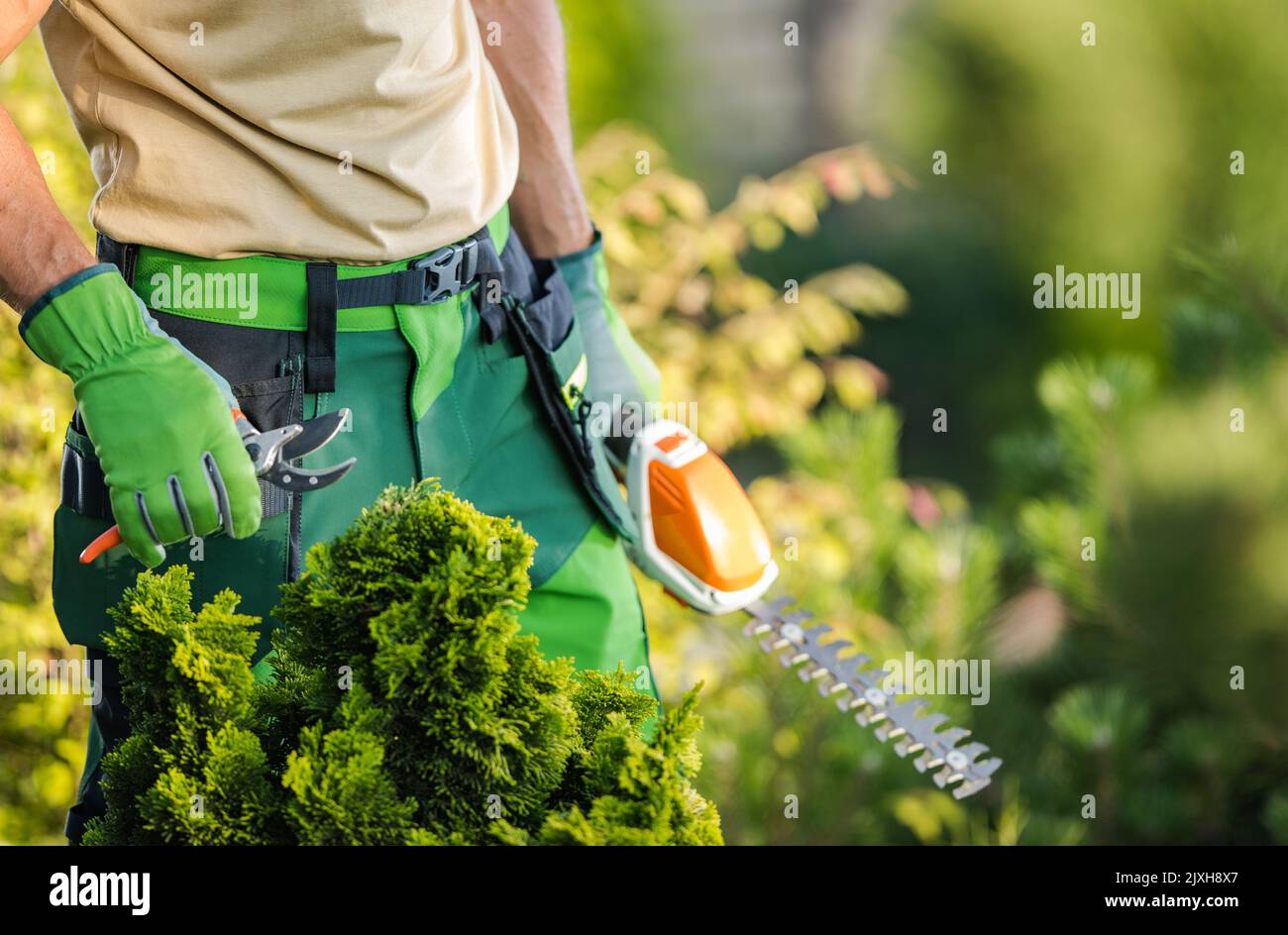 Professional Gardener with His Tools in His Hands Close Up. Gardening and Landscaping Theme. Stock Photo