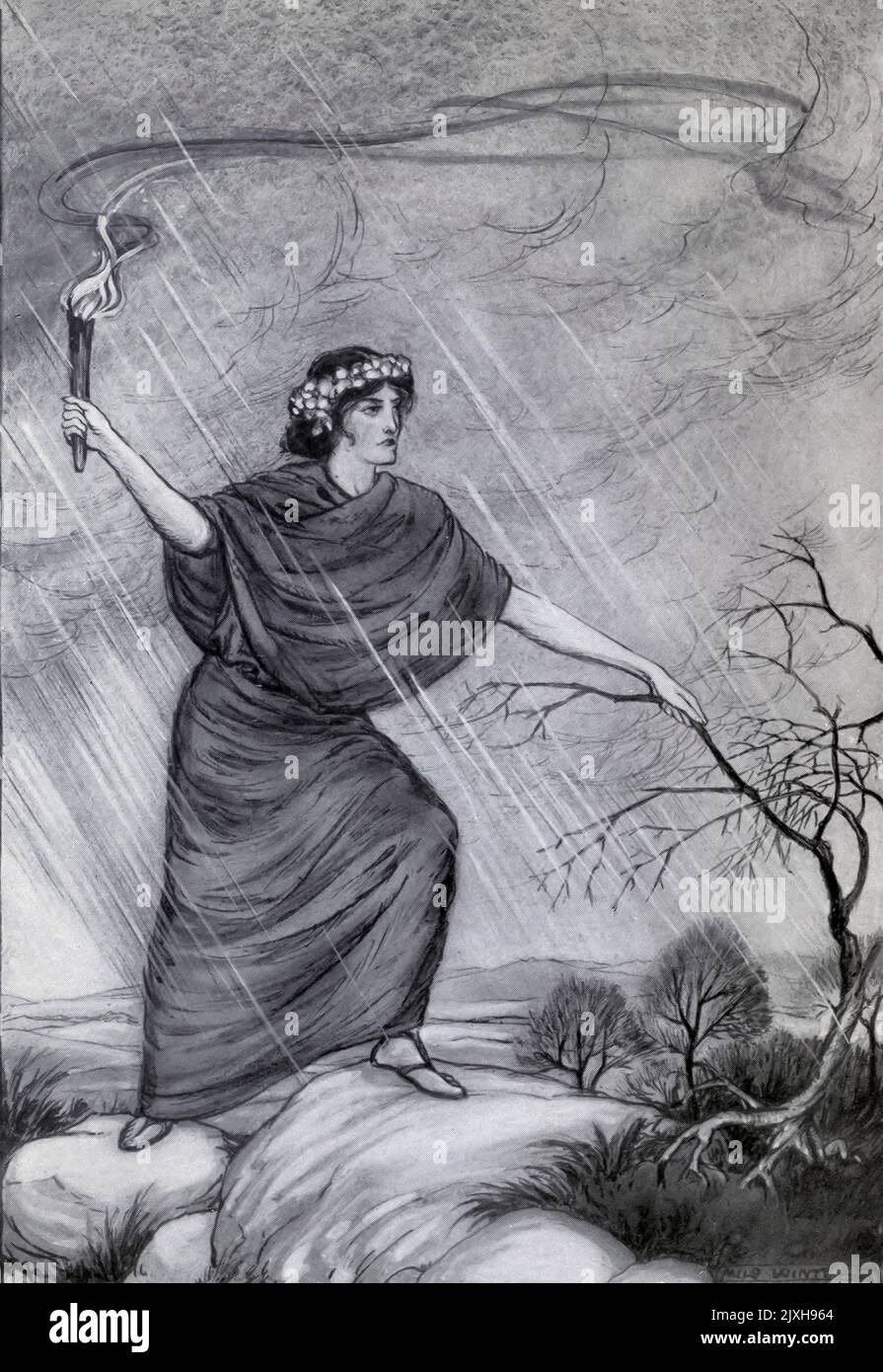 It never was extinguished by the rain or wind From the Book ' Tanglewood tales ' by Hawthorne, Nathaniel, 1804-1864 Illustrated by Milo Winter Publication date 1913 Publisher Chicago : Rand McNally & company Tanglewood Tales for Boys and Girls (1853) is a book by American author Nathaniel Hawthorne, a sequel to A Wonder-Book for Girls and Boys. It is a re-writing of well-known Greek myths in a volume for children. Stock Photo