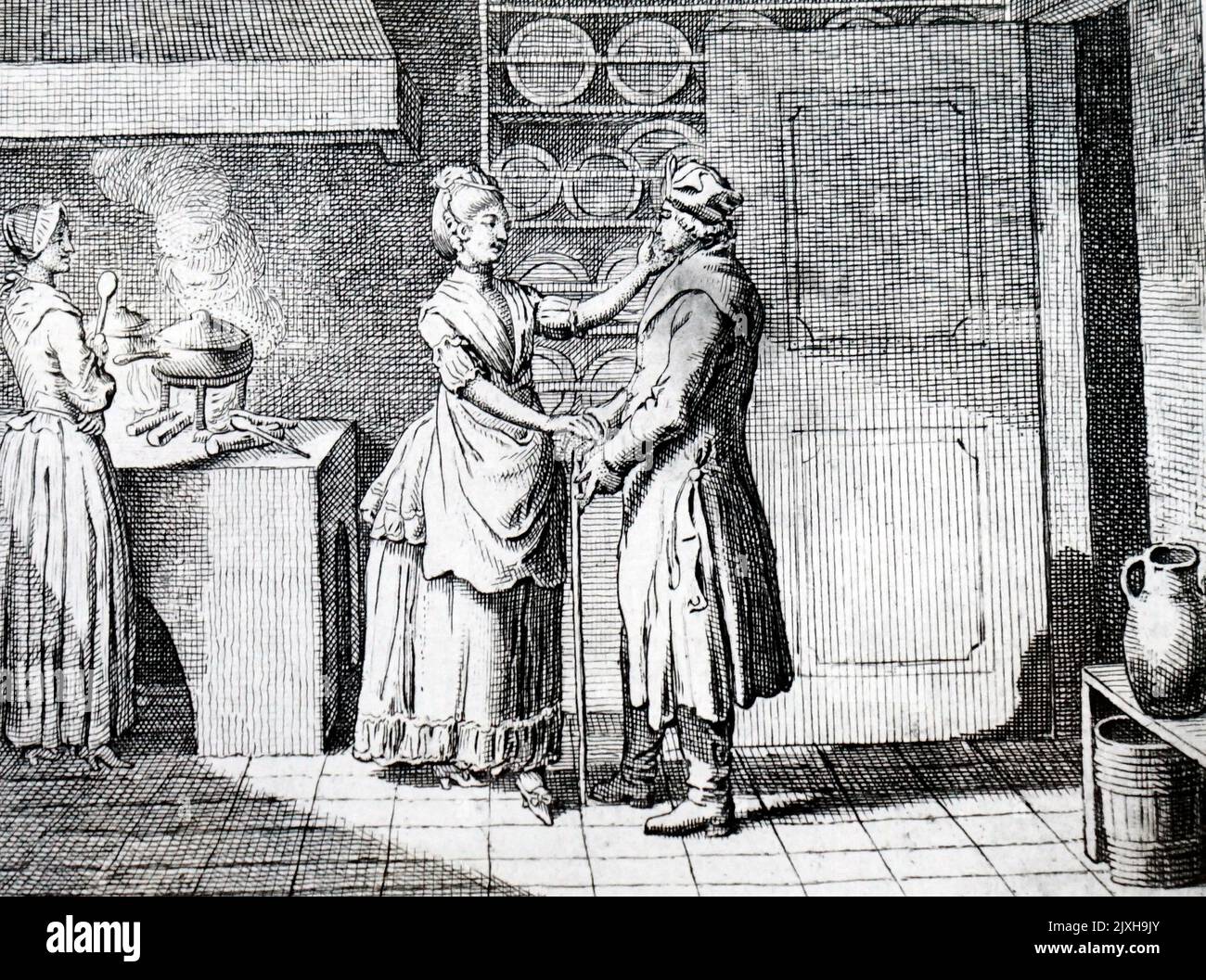 Illustration depicting a wife greeting her husband at the kitchen door, while the maid cooks the dinner. Dated 18th Century Stock Photo