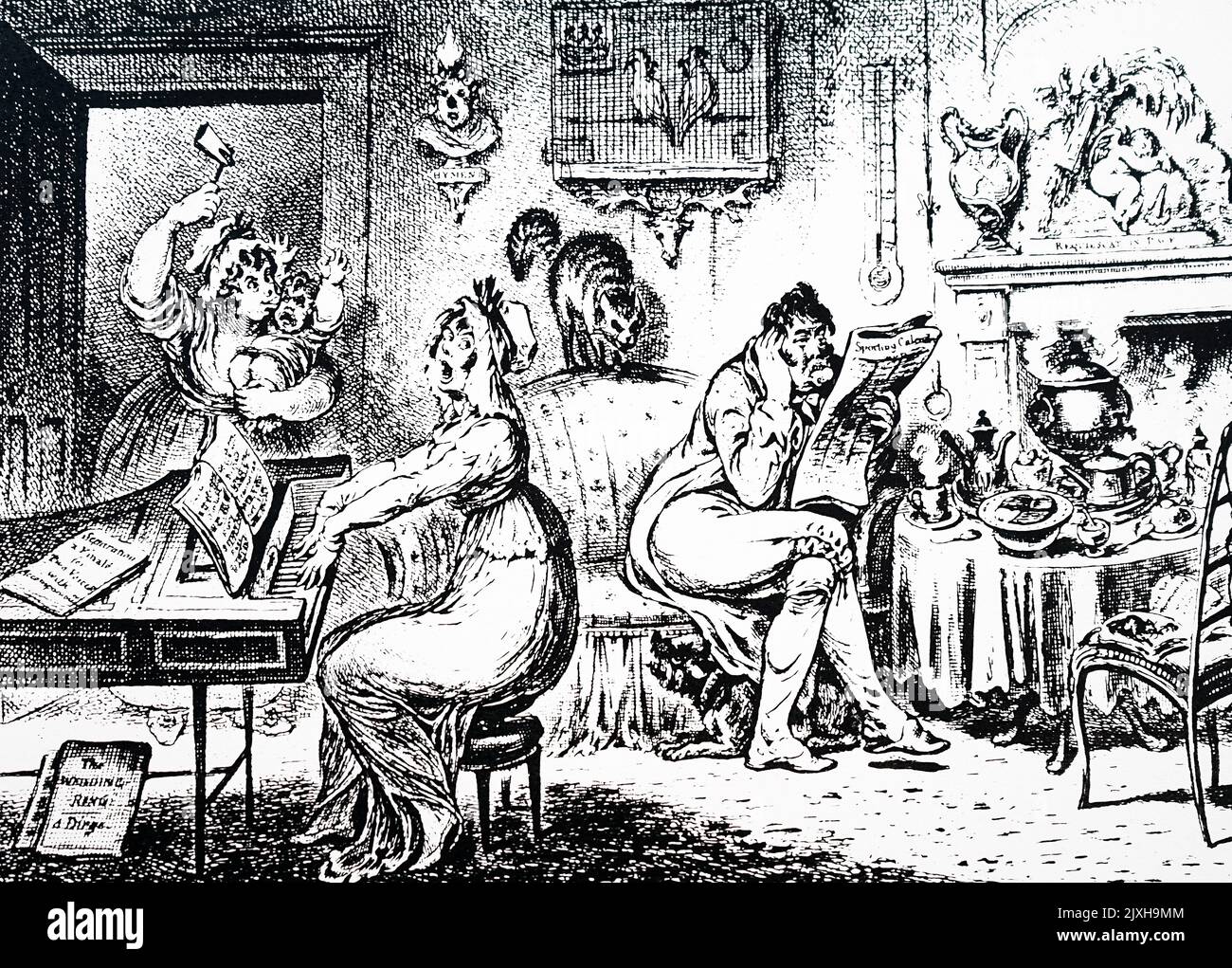 Cartoon depicting a chaotic domestic scene inside of a wealthy home. Dated 19th Century Stock Photo