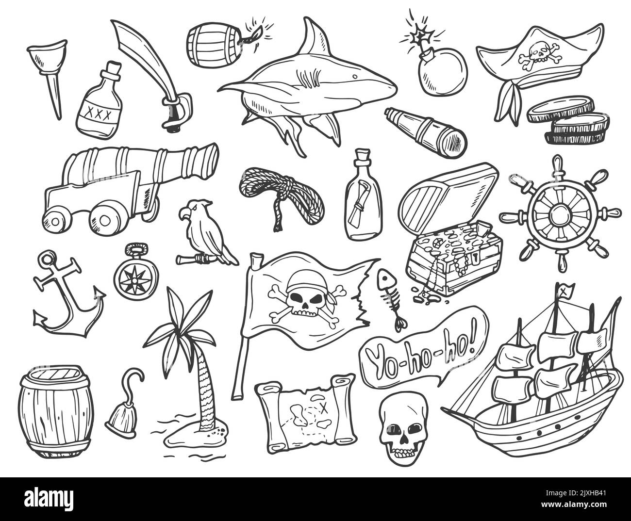 Pirates themed freehand drawings set. Symbols of piracy - hat, swords, guns, treasure chest, ship, black flag, jolly roger emblem, skull and crossbone Stock Vector