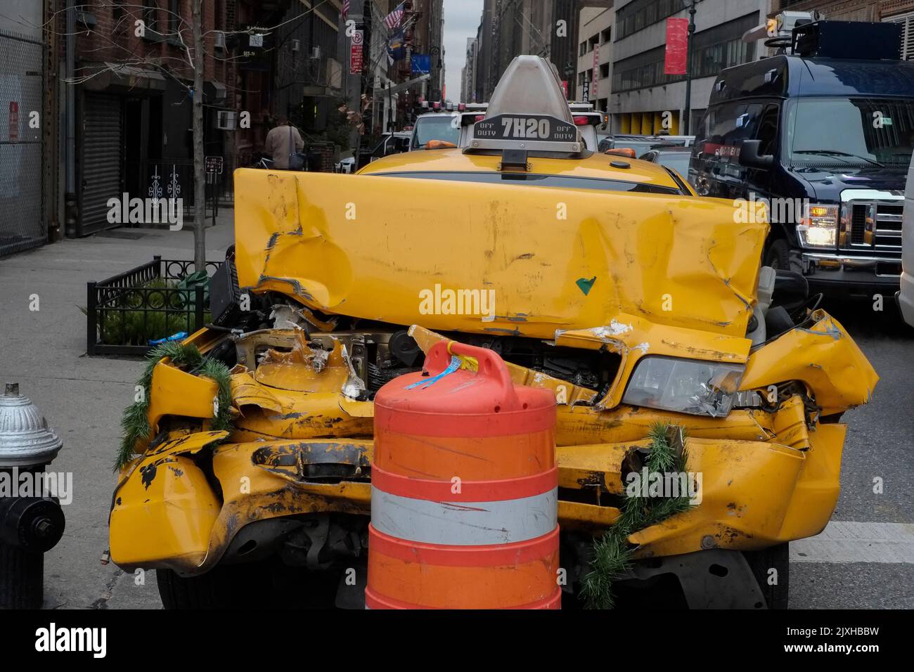 Traffic accident, New York City cab stuck in a traffic signal Stock