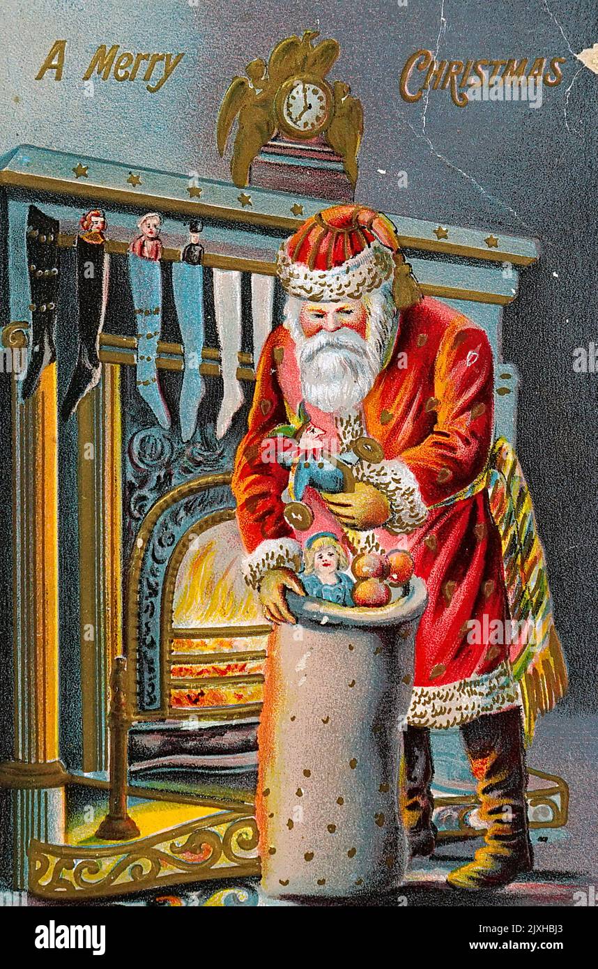 Illustration titled 'Merry Christmas' depicting Santa Claus delivering gifts to children. Dated 19th Century Stock Photo