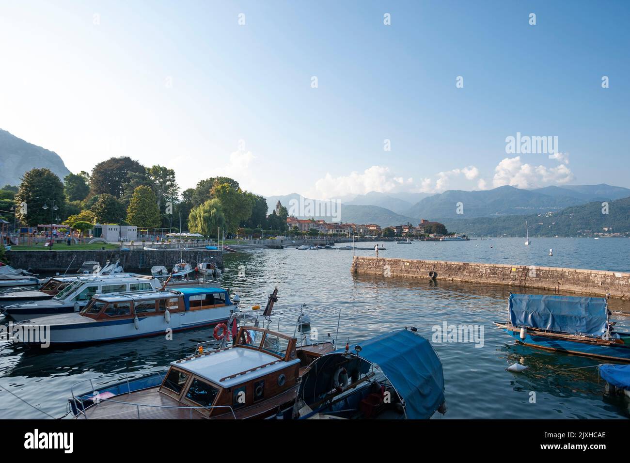 Cityscape at the port, Baveno, Piedmont, Italy, Europe Stock Photo