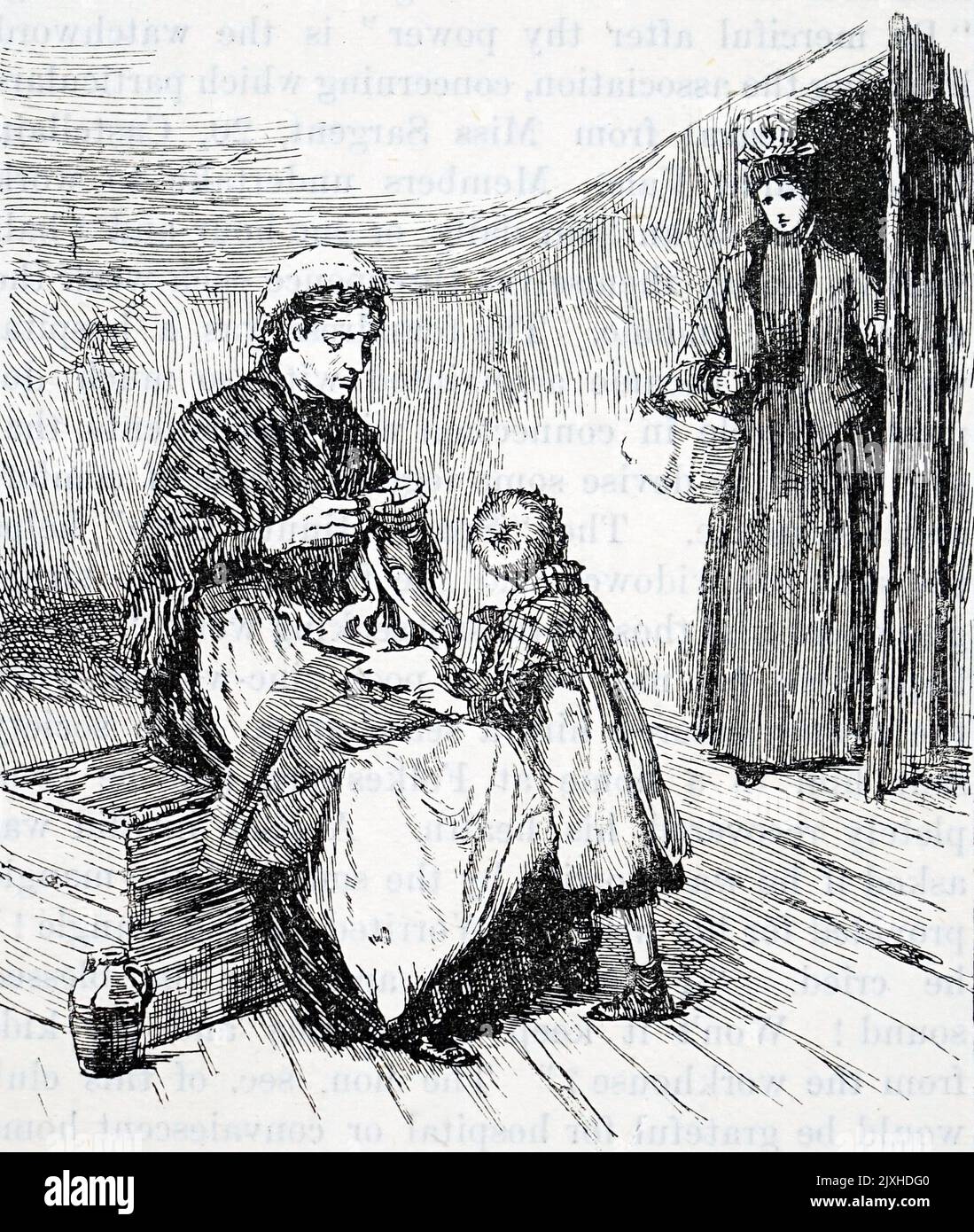 Illustration depicting a lady giving charity to a destitute widow and child. Dated 19th Century Stock Photo