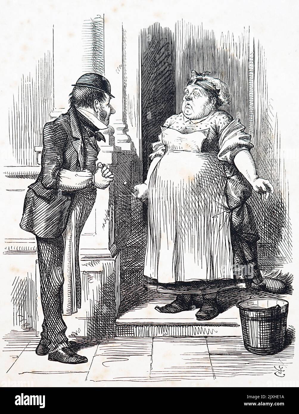 Illustration depicting an overweight maid opening the front door of the house she works in. Dated 19th Century Stock Photo