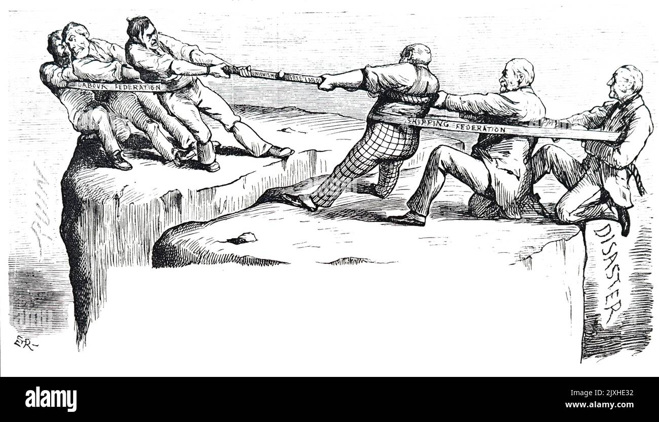 Cartoon illustrating the struggle between shipping owners and ship workers, symbolic of the tensions between capital and labour described by Karl Marx. Dated 19th Century Stock Photo