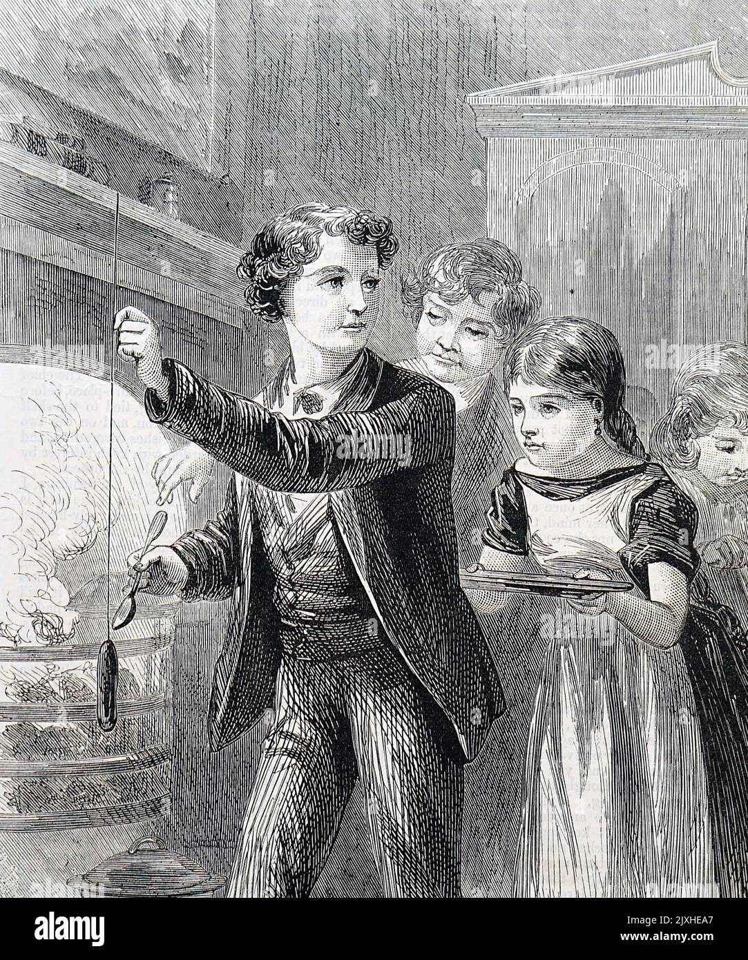 Illustration depicting children beside the fireplace in their science classroom. Dated 19th Century Stock Photo