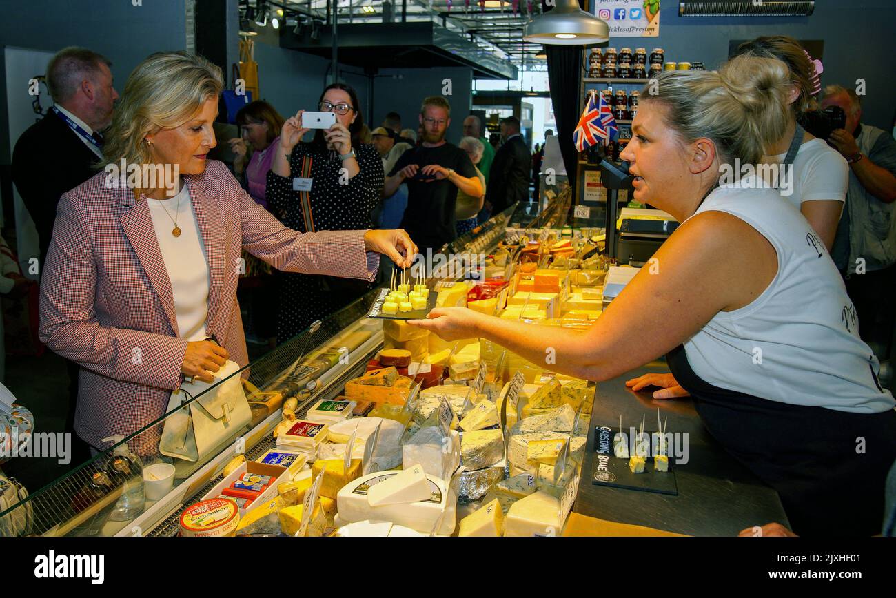 The Countess of Wessex talks to a local Cheese maker during a visit to