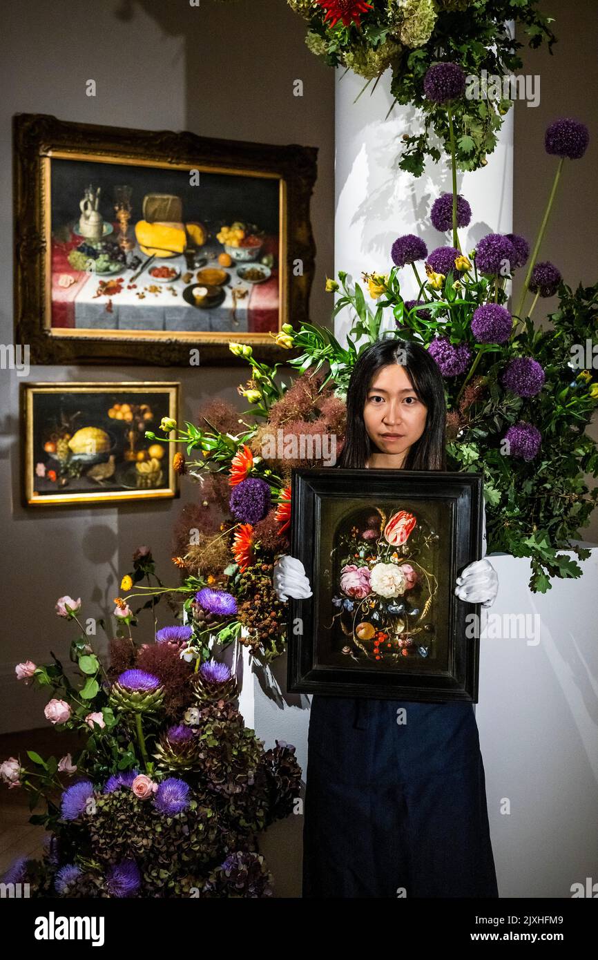 London, UK. 7 Sep 2022. Still life of flowers in a glass vase in a ...