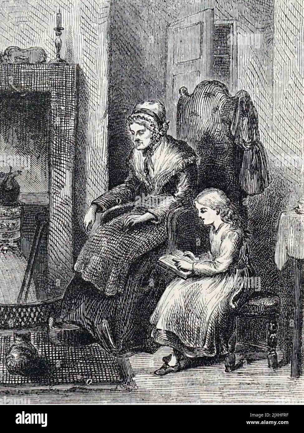 Illustration depicting a grandmother whilst her granddaughter reads to her. Dated 19th Century Stock Photo