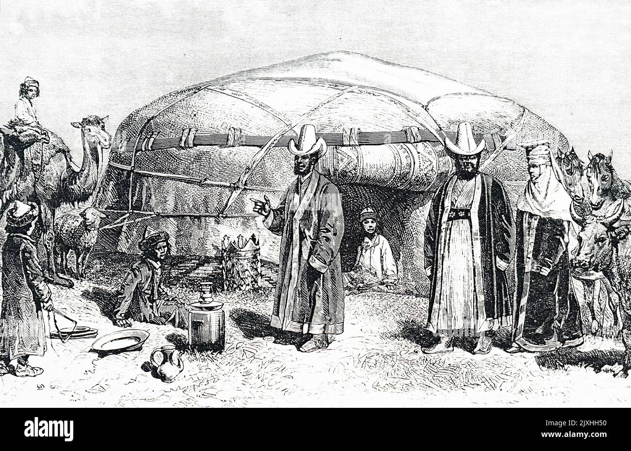 Engraving depicting the portable home of the wealthy Kirgiz family, from Eastern Siberia. Dated 19th Century Stock Photo