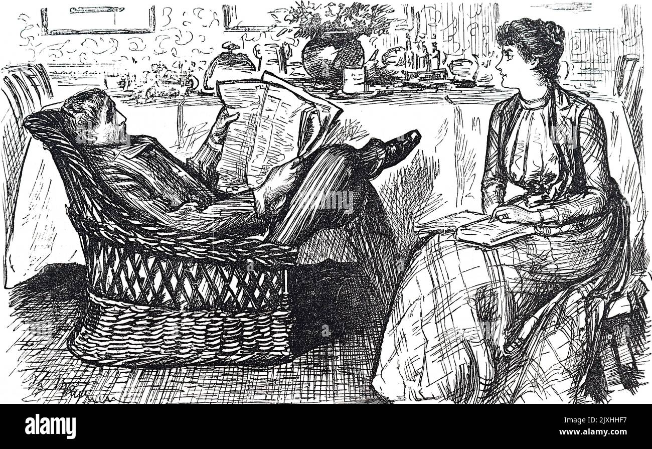 Cartoon depicting a husband and wife reading by George du Maurier (1834-1896) a Franco-British Cartoonist and author. Dated 19th Century Stock Photo