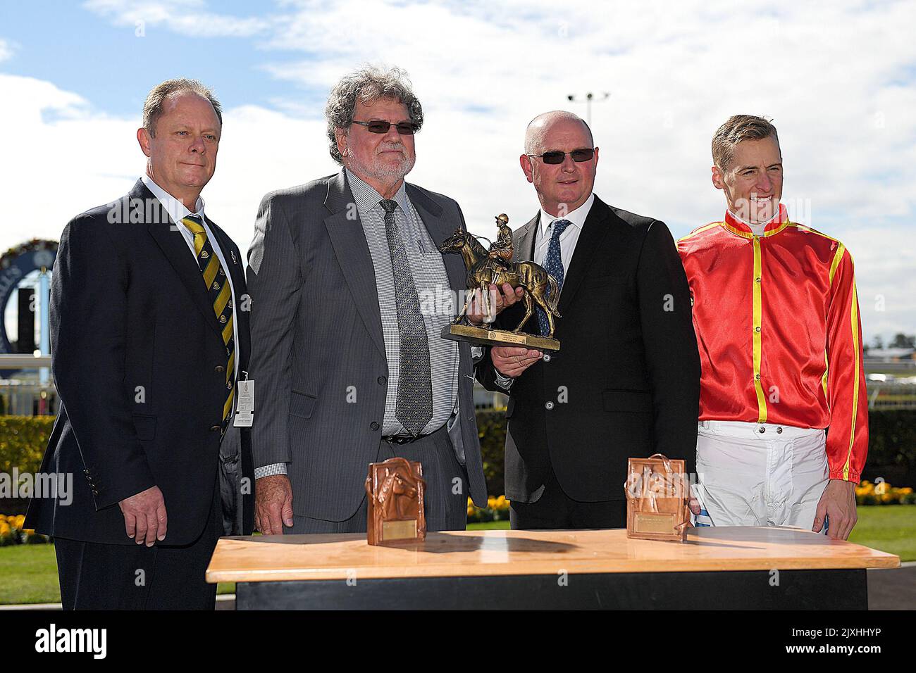 Toby Edmonds Jockey Blake Shinn (far right) and trainer Toby Edmonds (second right ...