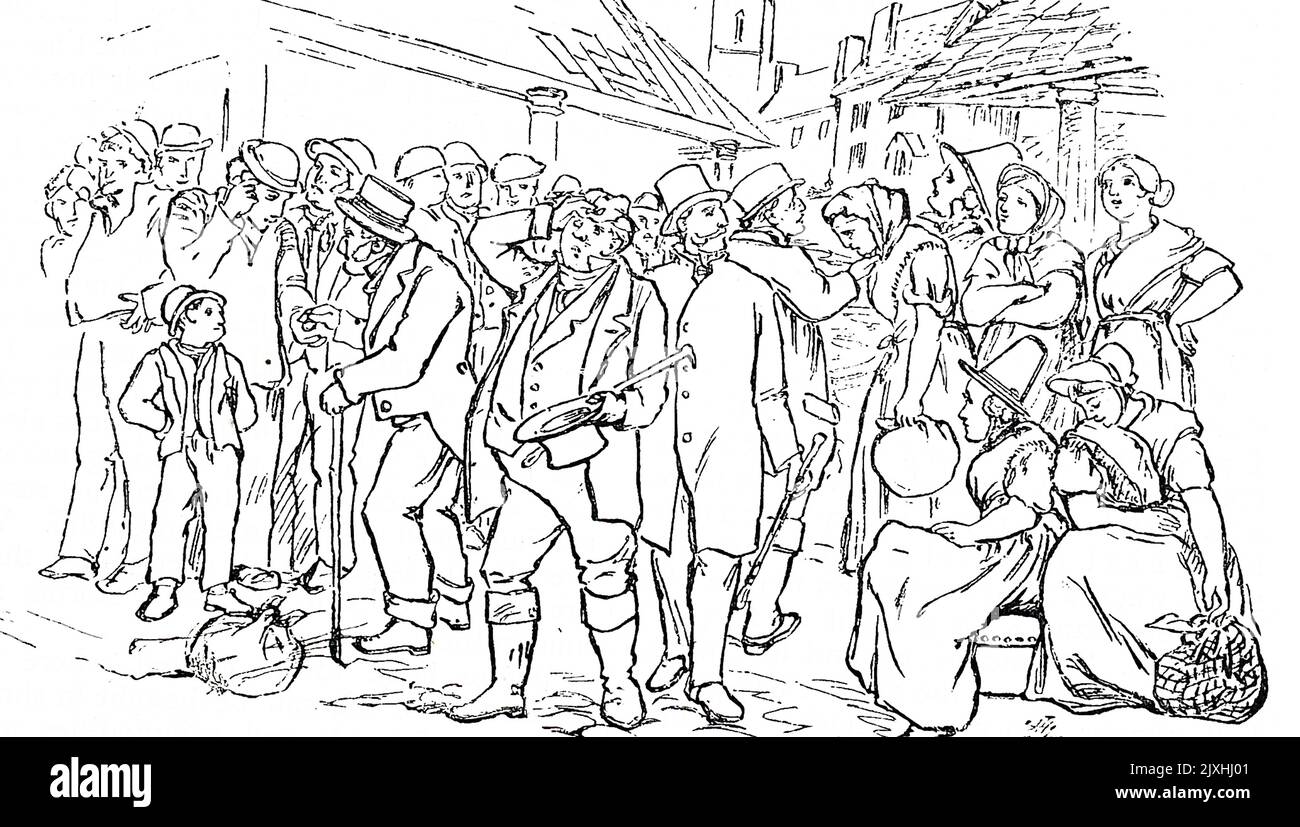 Illustration depicting Welsh men, women and children at a Hollantide fair, a hiring fair, waiting to be engaged as domestic servants. Dated 19th Century Stock Photo