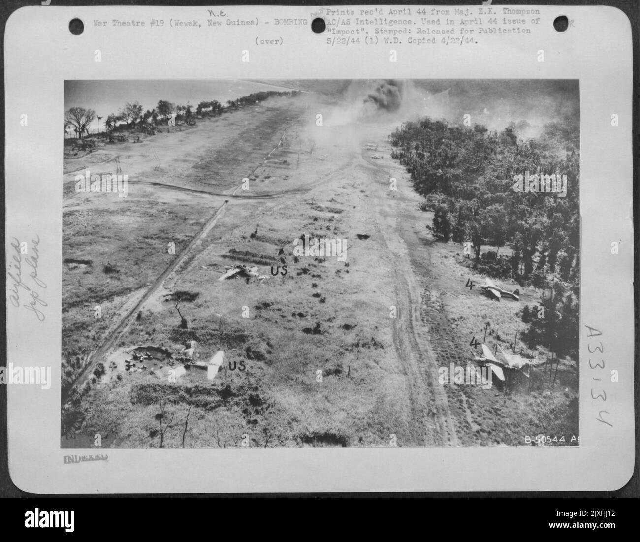 Final stage of bombing run of Dagua Airdrome, Wewak, New Guinea