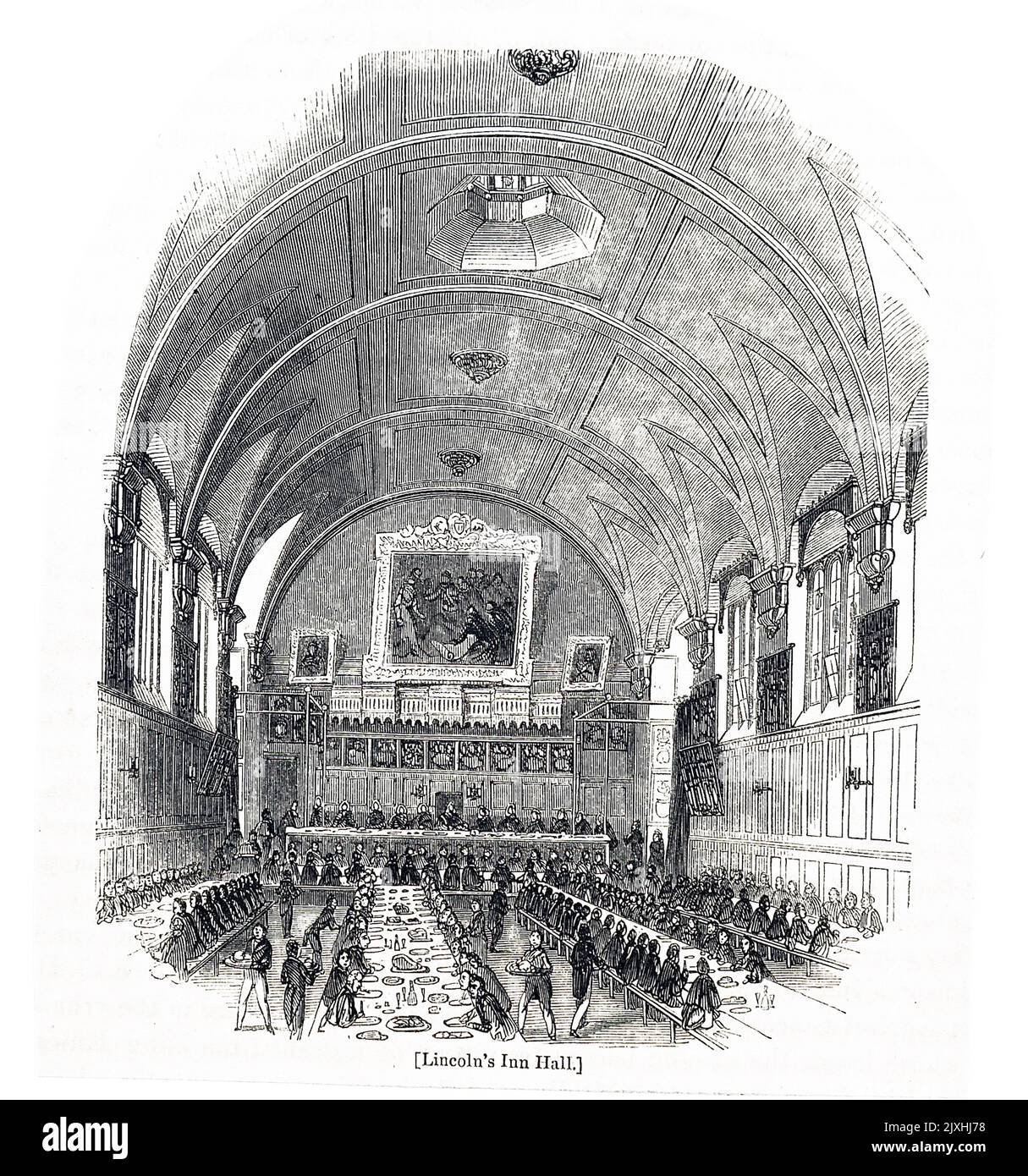 Engraving depicting a 'legal lunch' held for eminent lawyers at the Middle Temple, one of the inns of court. Dated 19th Century Stock Photo
