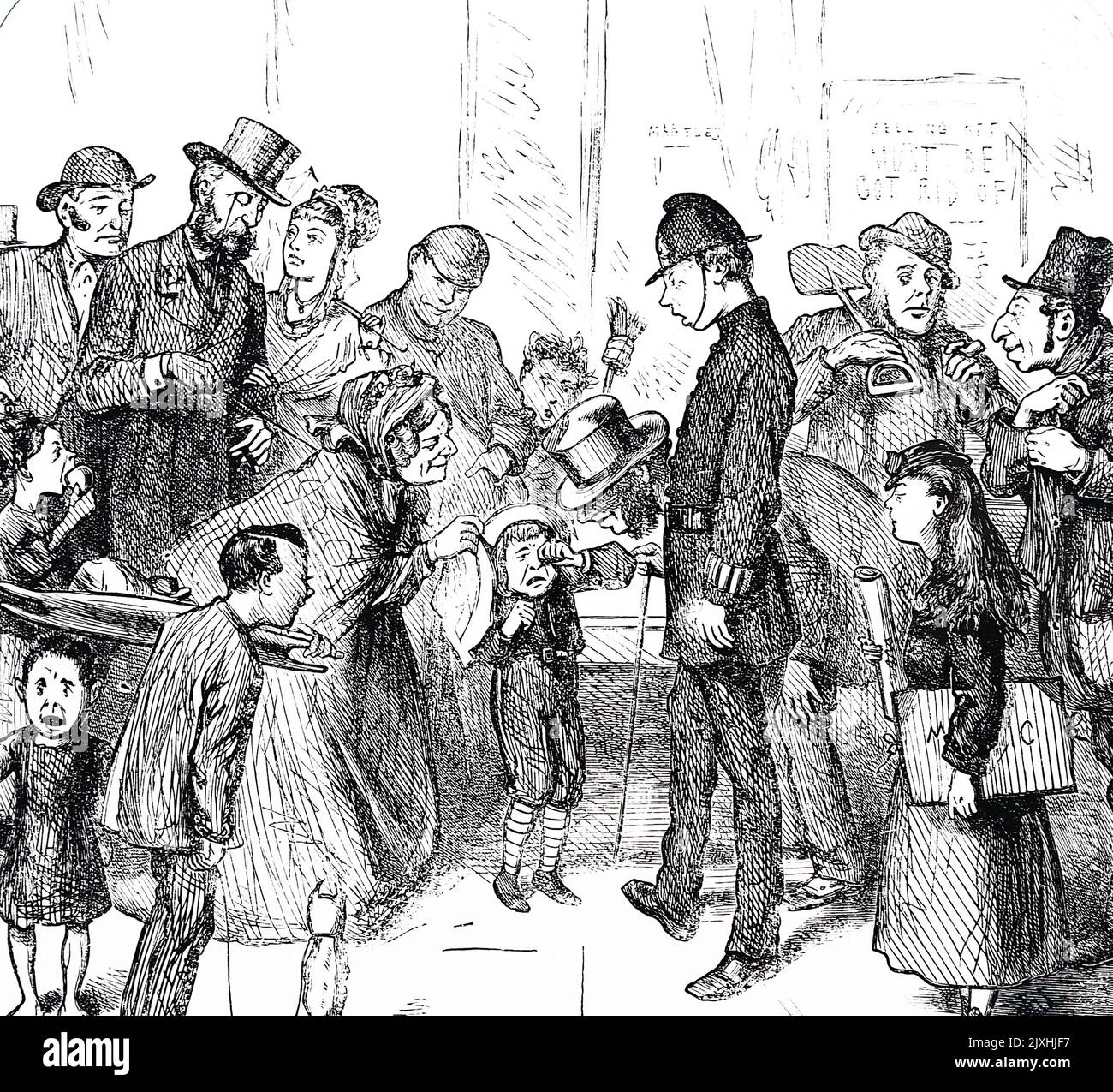 Illustration depicting a policeman and passers-by trying to help a lost child by Fred Barnard. Fred Barnard (1846-1896) a Victorian English illustrator, caricaturist and genre painter. Dated 19th Century Stock Photo