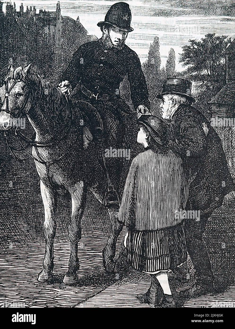 Illustration depicting a mounted policeman during his evening rounds. Dated 19th Century Stock Photo