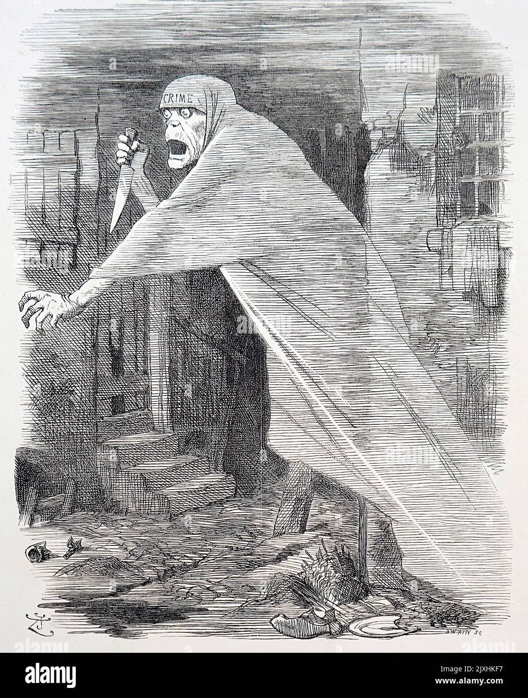 Cartoon depicting 'Crime' as a ghost stalking his next victim to stab with his knife. Dated 19th Century Stock Photo