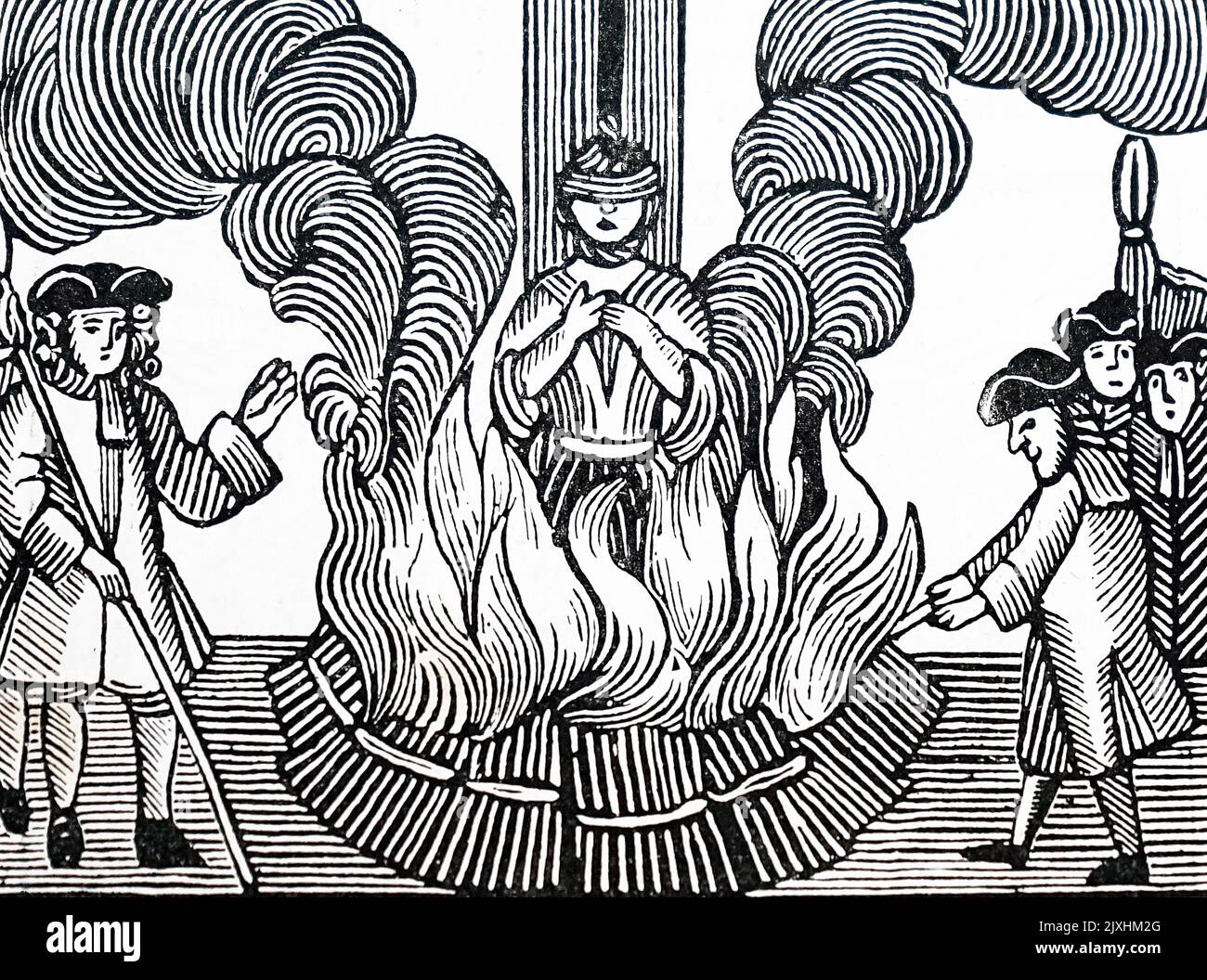 Woodcut depicting the last execution by burning at the stake in England. The Christian bowman (woman) was first hanged, then burned as a punishment for counterfeiting, which was classified as high treason. Dated 18th Century Stock Photo