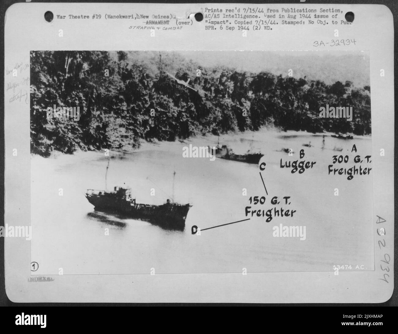 Four Japanese ships were caught thus at Manokwari, New Guinea by Douglas A-20s, streaking in, mast-high. Note one A-20, upper left. (Taken 9/June 1944) Stock Photo