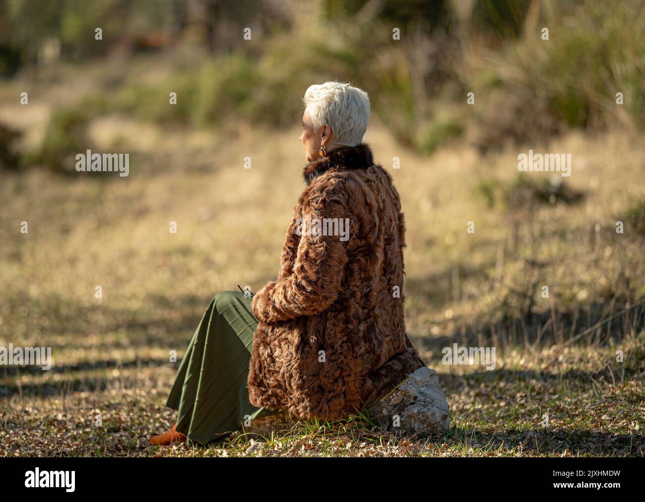 woman in a astrakhan fur coat on a cold autumn day looks into the distance. Stock Photo