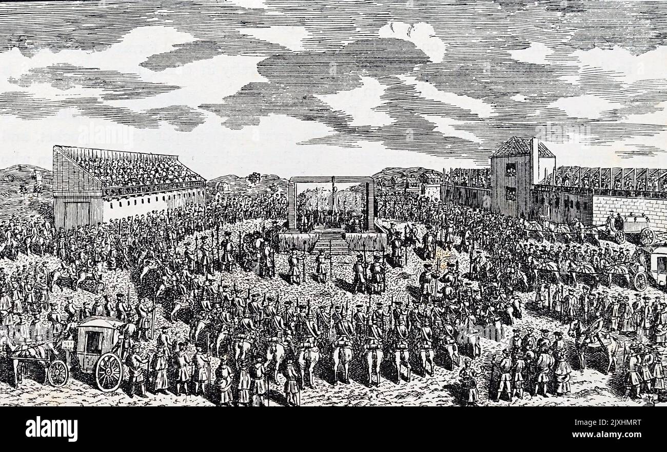 Illustration depicting a public execution via hanging. Dated 19th Century Stock Photo