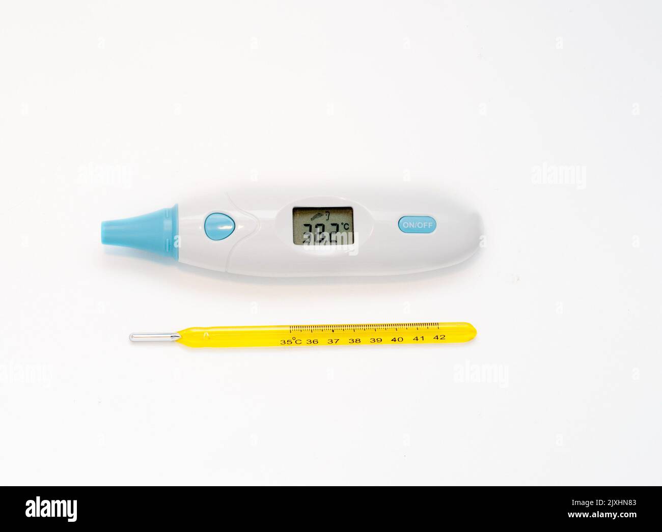Two thermometers: mercury and electronic Stock Photo