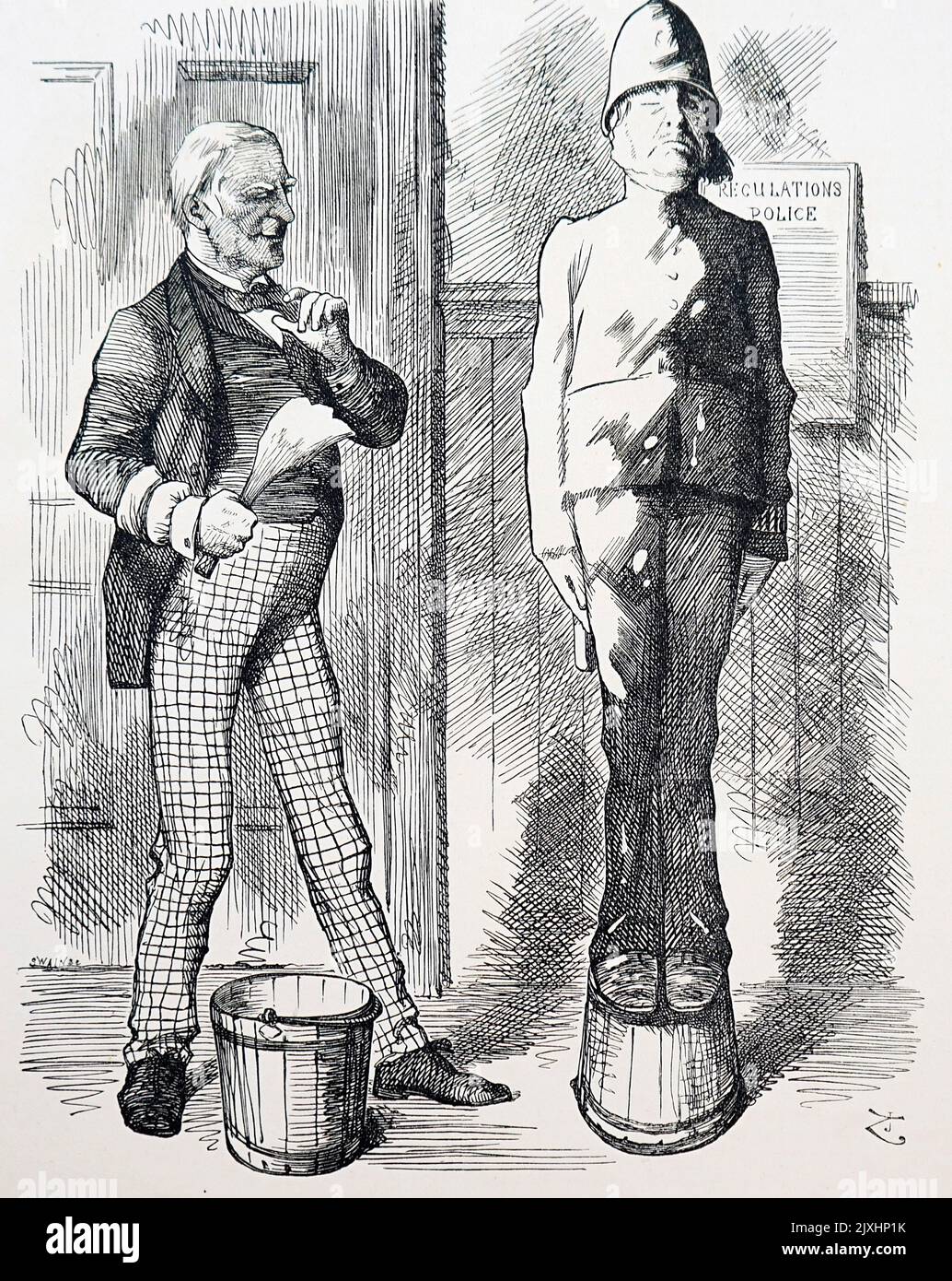 Cartoon depicting the Home Secretary, Robert Lowe (1811-1892) whitewashing a corrupt police officer, after perjury allegations. Dated 19th Century Stock Photo