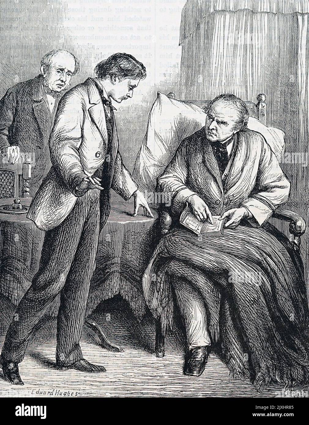 Illustration depicting a man who has been drawing bills of credit in his father's firm without permission being confronted by his parent. Dated 19th Century Stock Photo