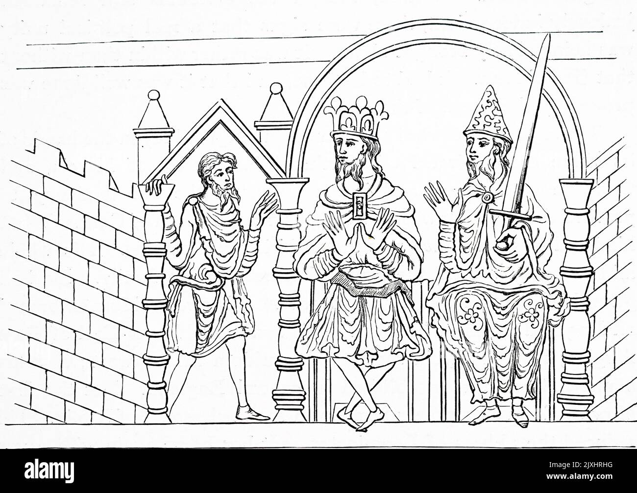 Illustration depicting a King and Minister at a gate performing Justice. Dated 11th Century Stock Photo